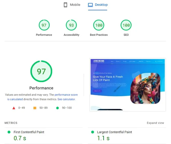 Core Web Vitals Score Living Dreams Web Development Solutions