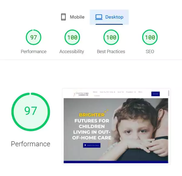 Little Stars Foundation Core Web Vital Scores Screenshot