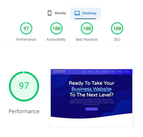 Living Dreams Web Development Solutions Core Web Vitals Score Screenshot