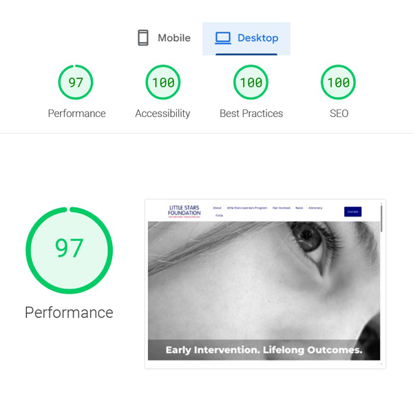 Little Stars Foundation Core Web Vital Scores Screenshot